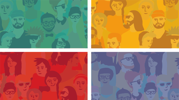 APHR2020 four drawings of ghroups of different people, with coloured backgrounds (green, yellow, blue, red) 