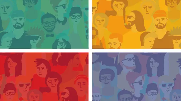 APHR2020 four drawings of ghroups of different people, with coloured backgrounds (green, yellow, blue, red)
