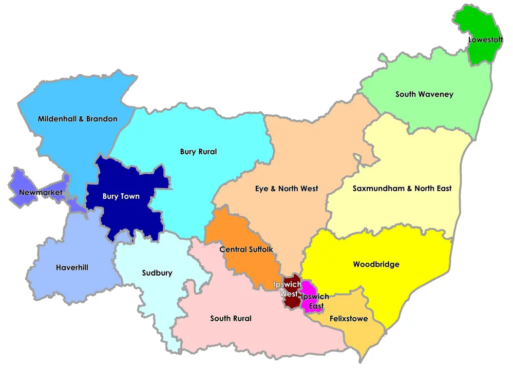 Map of Suffolk shaded to show integrated neighbourhood team areas and the two Waveney PCNs