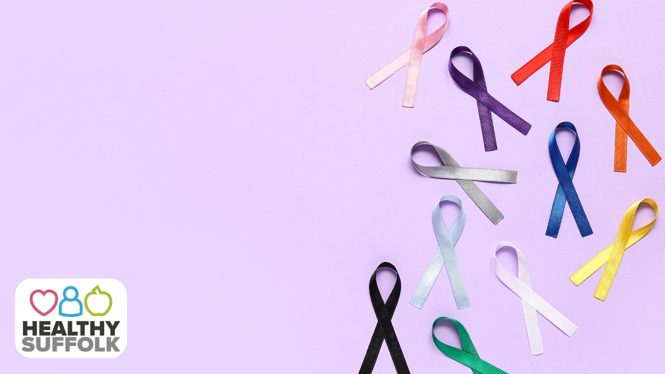 colourful bows representing different types of cancer
