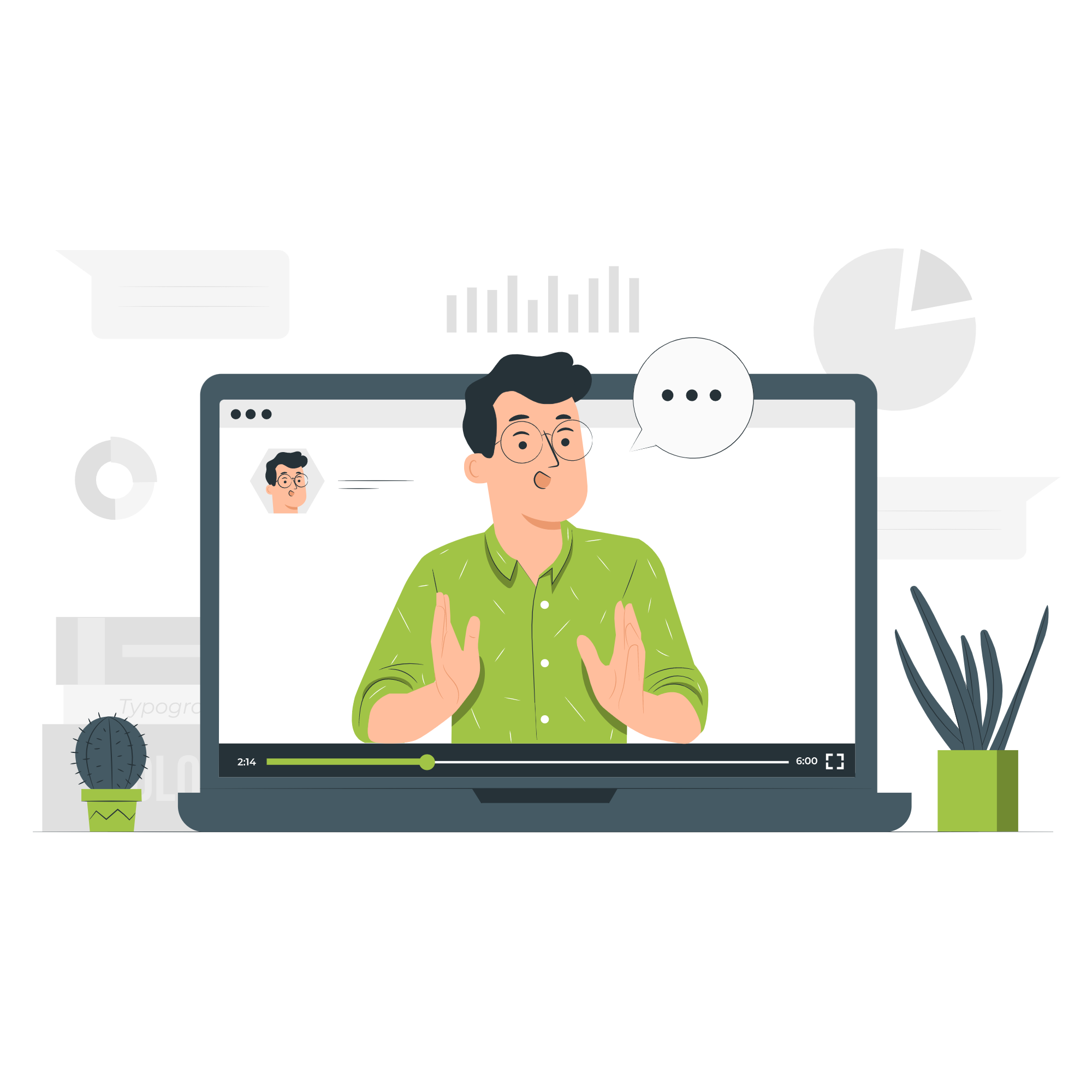 Cartoon of person in green shirt coming out of computer screen with speech bubble.