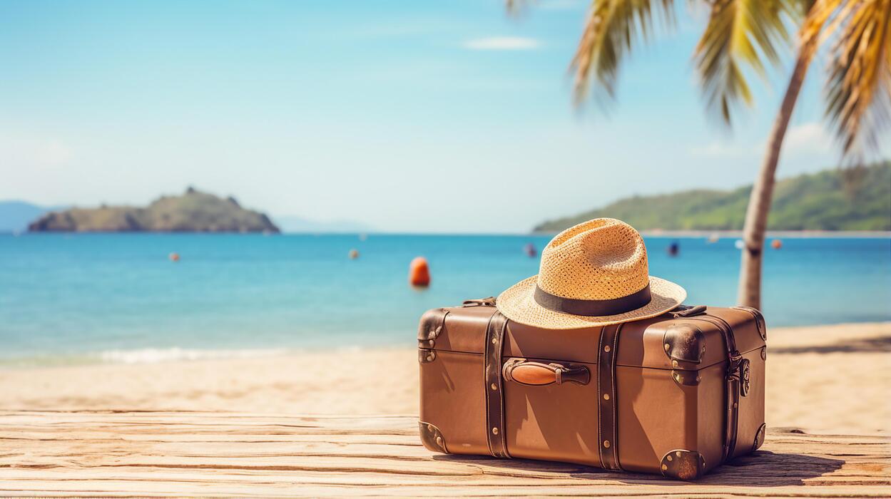 Suitcase with hat on a beach